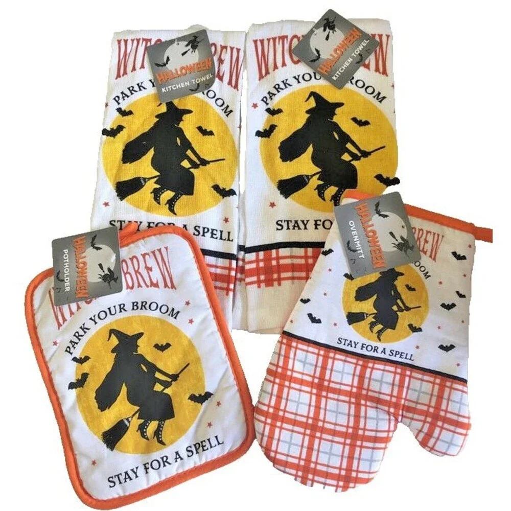 Halloween Kitchen Dish Towels Potholder Oven Mitt Set of 4 Witch Orange Plaid